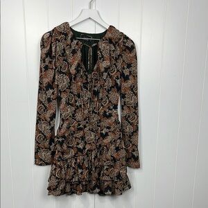 Vici Womens Dress Brown Black Cream XL Vneck Boho Floral Print Lined Ruffles EUC